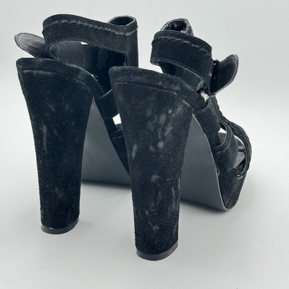 Steve Madden Suede Leather Cutout Platform Heels Black Peep Toe Chunky Slingback - Picture 11 of 12